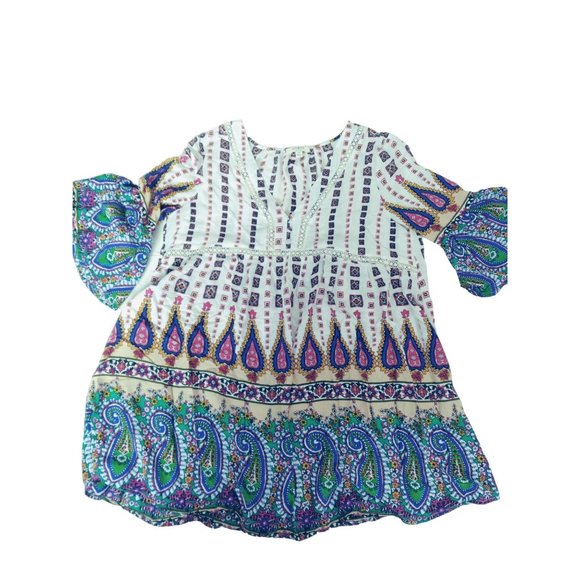 Umgee USA VNeck bell Sleeve Print Baby Doll Boho Peasant Dress style Tops M READ - Picture 6 of 16